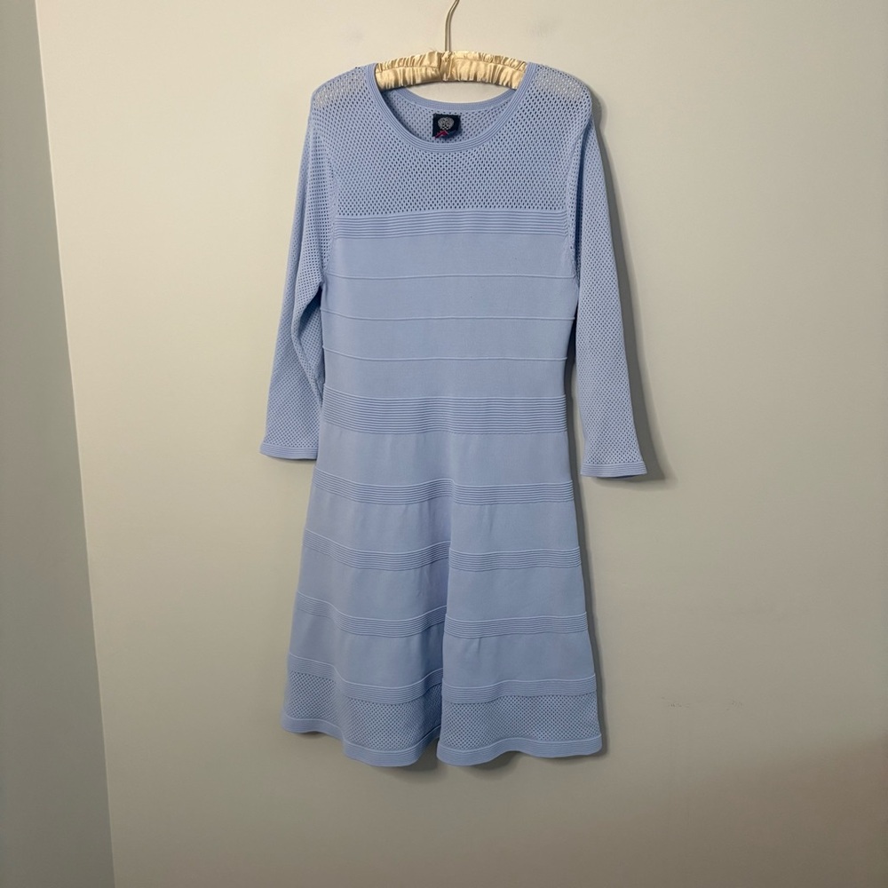 Vince Camuto Shift Dress Fit & Flare Blue Sz L Stretch Mesh Sleeve Cottagecore